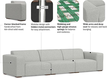 SIMPLIHOME Rex 3-Seater Modular Sofa in 100% Recycled Polyester Tightly Woven Performance Fabric, Pale Grey, 122-inches Wide, Handcrafted Modern-Style Couch for Living Room and Family Room