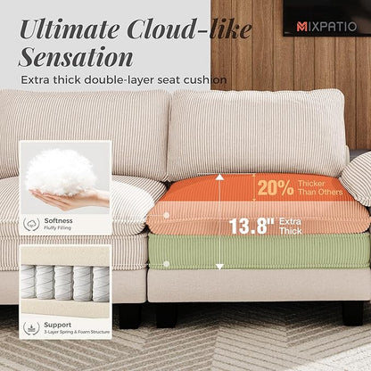 123-Inch L Shaped Sectional Sofa with Cloud Cushions, Deep Seat Modular Couch Set w/ 4 Seats & 1 Ottomans, Plush Chenille & Corduroy Upholstery for Living Room, Apartment - Beige