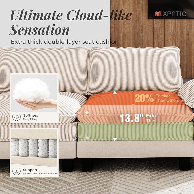 87-Inch L Shaped Sectional Sofa with Cloud Cushions, Deep Seat Modular Couch Set w/ 3 Seats & 1 Ottomans, Removable Arms, Chenille & Corduroy Upholstery for Living Room, Apartment - Beige