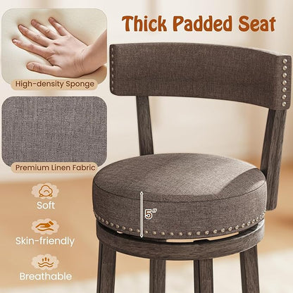 COSTWAY Bar Stools Set of 4, Upholstered Farmhouse Bar stools with Cushioned Seat & Backrest, Solid Wood Legs, Footrest, 31” Bar Height Swivel Stools for Kitchen Island, Pub (4, 31'' Seat Height)
