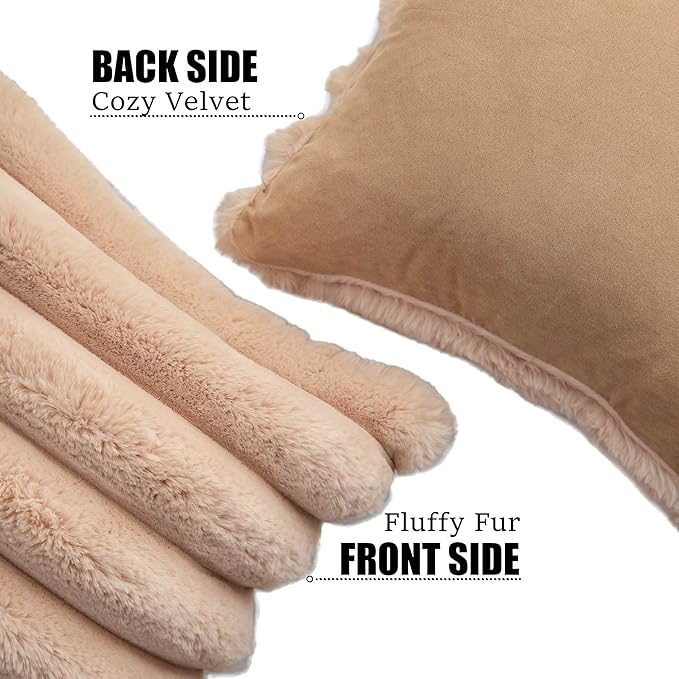 Neelvin Camel Faux Fur Cozy Soft Striped Decorative Throw Pillow Covers 24x24 inch Set of 2,Velvet Pillowcase Cushion Case for Sofa Couch