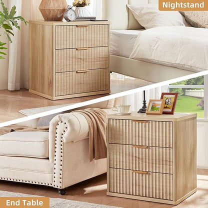 LEYAOYAO 23" Wide Fluted Night Stand with Charging Station, 3 Drawers Large End Table with Storage, Natural Nightstand Wood Bedside Tables, Farmhouse Cabinet Dresser for Bedroom, Closet