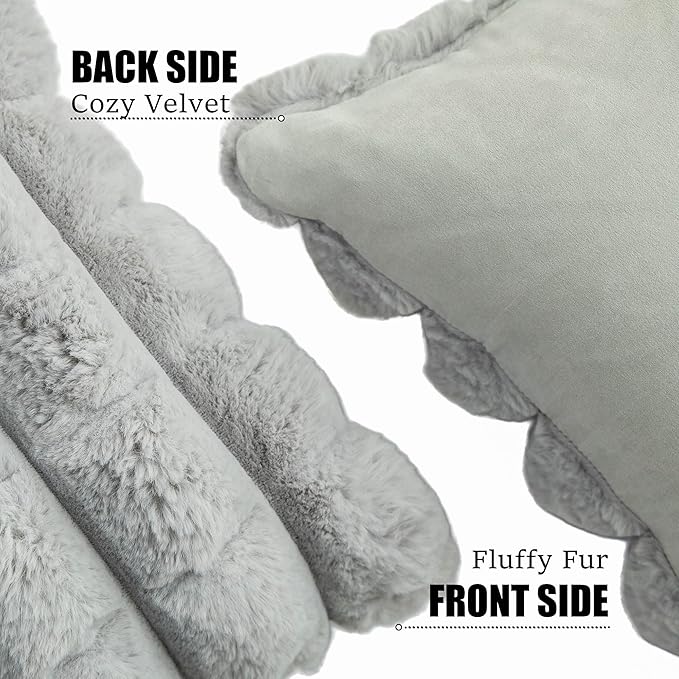 Neelvin Grey Faux Fur Cozy Soft Plaid Decorative Throw Pillow Covers 12x20 inch Set of 2,Velvet Pillowcase Cushion Case for Sofa Couch