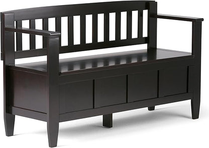 SIMPLIHOME Brooklyn Entryway Storage Bench - 48 inch Wide Solid Wood Storage Seat in Coffee Brown, Contemporary Bench for Entryway or Living Room with Lift-Up Lid and Slatted Backrest