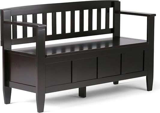 SIMPLIHOME Brooklyn Entryway Storage Bench - 48 inch Wide Solid Wood Storage Seat in Coffee Brown, Contemporary Bench for Entryway or Living Room with Lift-Up Lid and Slatted Backrest