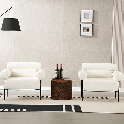 Modern Accent Chairs Set of 2, Boucle Sofa Accent Chairs for Living Room, Oversized Upholstered Sherpa Mid-Century Office Reading Armchairs with Channel Tufted for Bedroom, White