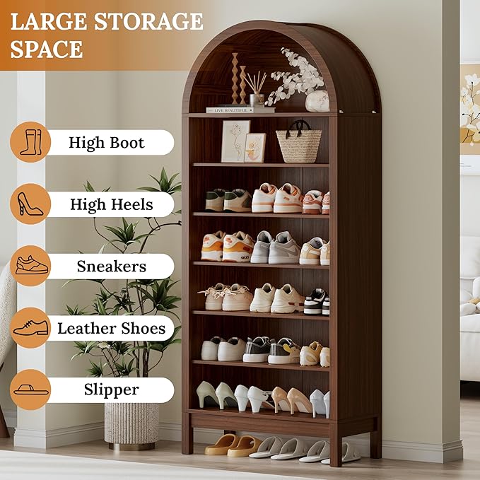 70" Tall Arched Shoe Cabinet, 7-Tier Shoe Rack with 3 Adjustable Shelves, Large Freestanding Shoe Organizer for Entryway, Closet, Hallway, Living Room (Walnut Brown)