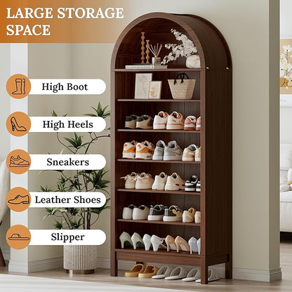 70" Tall Arched Shoe Cabinet, 7-Tier Shoe Rack with 3 Adjustable Shelves, Large Freestanding Shoe Organizer for Entryway, Closet, Hallway, Living Room (Walnut Brown)