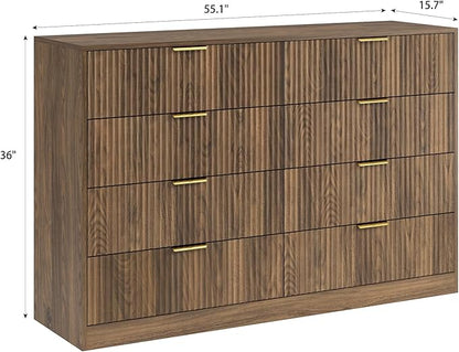 8 Drawer Dresser for Bedroom, Modern Fluted Double Dresser, 55" Wide Chest of Dressers, Mid Century Wooden Beside Table for Closet, Living Room and Entryway, Natural