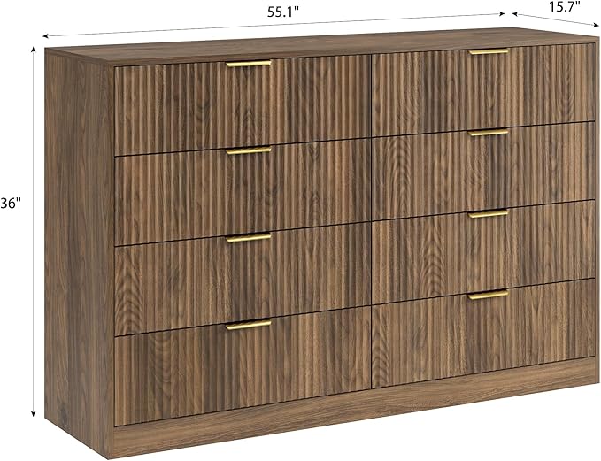 3-Piece Modern Bedroom Furniture Set, Wide 8-Drawer Dresser & 2-Drawer Nightstands Set of 2, Natural Wood Dresser and Nightstand Sets for Bedroom, Hallway, Walnut