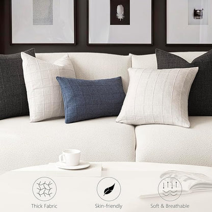 Foindtower Set of 2 Decorative Linen Check Throw Pillow Covers Neutral Farmhouse Lumbar Cushion Covers Modern Boho Home Decor for Sofa Chair Couch Bedroom Living Room,12×20 Inch,Cream White