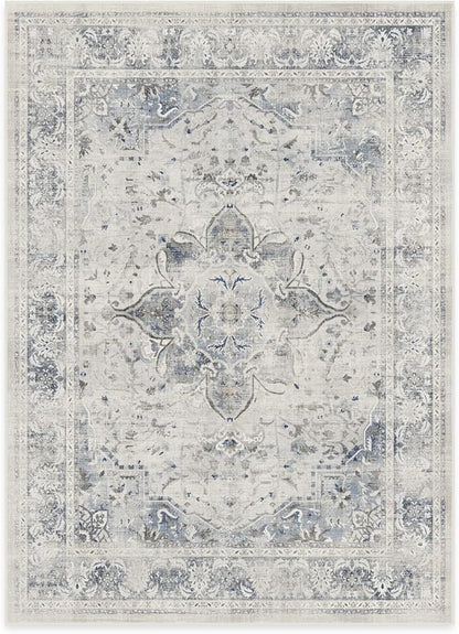 RUGGABLE Washable Vintage Area Rug – Sarrah Blue Quartz 5x7, Stain-Resistant, Non-Slip – Medium Machine Washable Rugs for Living Room, Bedroom, Hallway, Entryway & Office–with Standard Pad