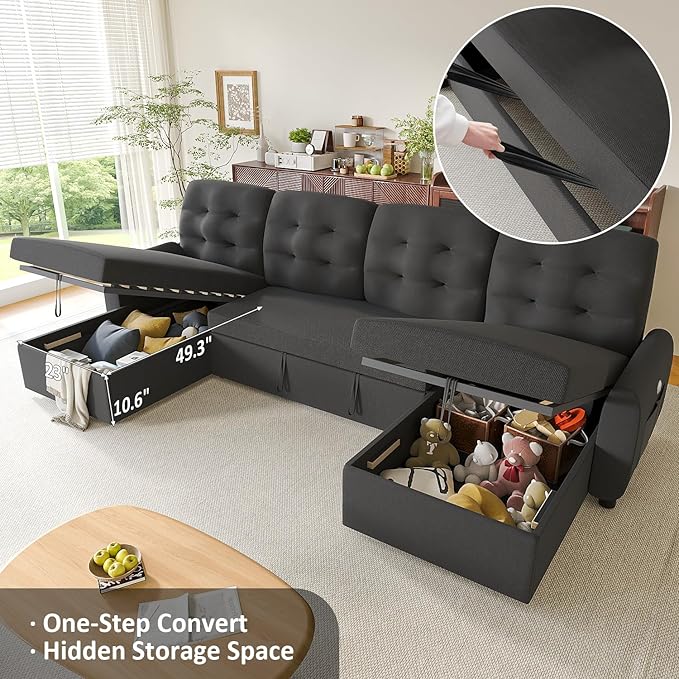 Ucloveria Sleeper Sofa Bed, 112" U Shaped Sectional Sofa Couches for Living Room, Pull Out Couch Bed with Dual Reversible Storage Chaise | Charging Station | Side Pockets | Removable Backrest