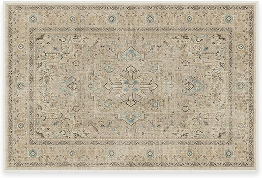 RUGGABLE Washable Vintage Area Rug – Kamran Ivory Opal 2x3, Stain-Resistant, Non-Slip – Small Machine Washable Rugs for Living Room, Bedroom, Hallway, Entryway & Bathroom–with Cushioned Pad