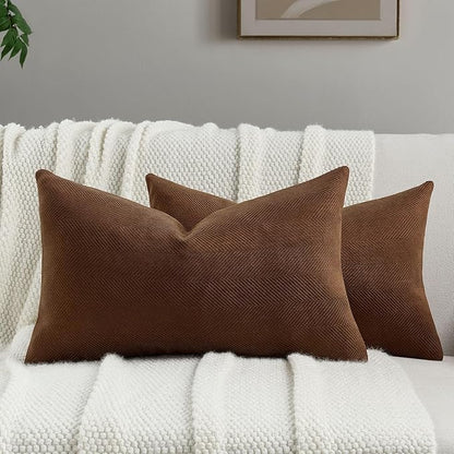 FUTEI Dark Brown Chenille Throw Pillow Covers 12x20 Inch Set of 2,Soft Wide Chevron Textured Lumbar Pillow Cases,Farmhouse Home Decor for Couch Bed Living Room