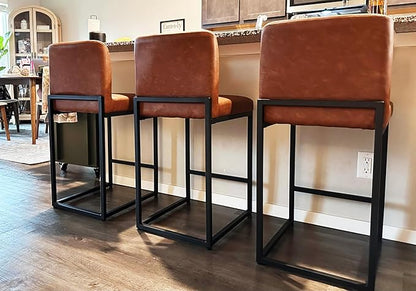 ALPHA HOME 24 Inch Bar Stools Set of 6, Kitchen Counter Stools with Backs, PU Leather Barstools, Kitchen Stools with Back&Upholstered Footrest, Sturdy Chromed Metal Steel Frame, Brown
