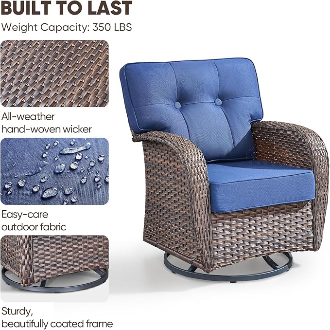 9-Piece Rotating Balcony Chair Set with 31-inch T-Shaped Wide backrest - Rattan Outdoor Rotating Balcony Chairs, Wide backrest Comfortable Outdoor Sliding Chair - Brown | Blue