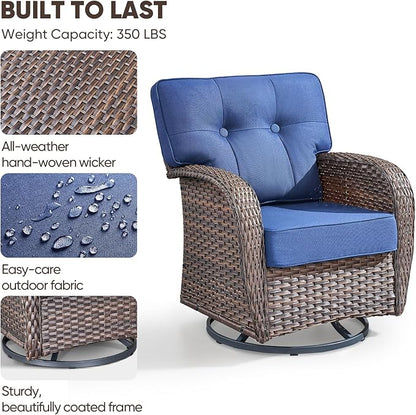 6-Piece Rotating Balcony Chair Set with 31-inch T-Shaped Wide backrest - Rattan Outdoor Rotating Balcony Chairs, Wide backrest Comfortable Outdoor Sliding Chair - Brown | Blue