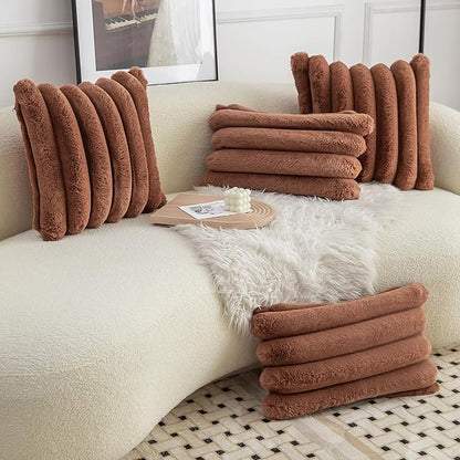 Neelvin Brown Faux Fur Cozy Soft Stripe Decorative Throw Pillow Covers 12x20 inch Set of 2,Velvet Pillowcase Cushion Case for Sofa Couch
