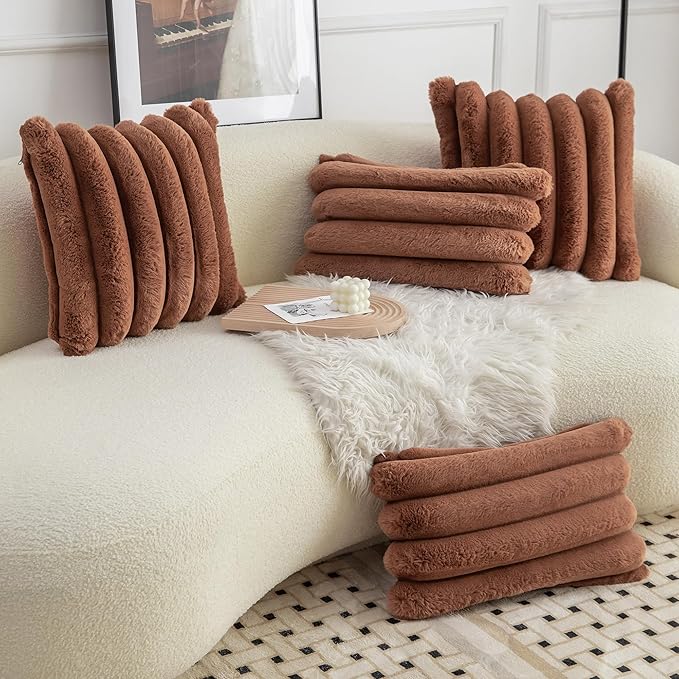 Neelvin Brown Faux Fur Cozy Soft Stripe Decorative Throw Pillow Covers 20x20 inch Set of 2,Velvet Pillowcase Cushion Case for Sofa Couch
