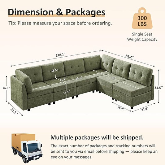 VANOMi 6 Seat Cloud Couches for Living Room, 118" Convertible Modular Cloud Sofas & Couches, Comfy Chenille Sectional Couch Sofa for Apartment, Office, Olive Green, L/U Shaped