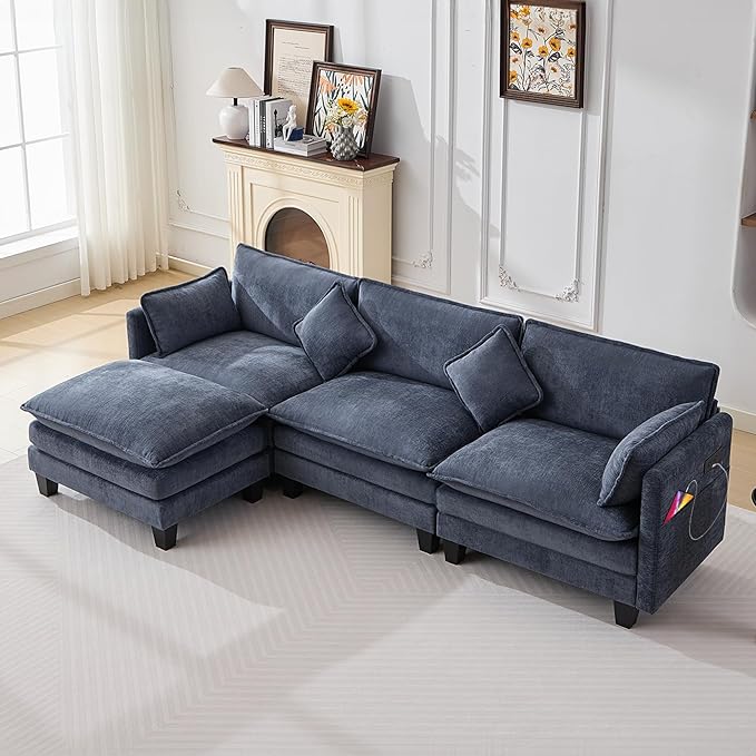 108" Modern L-Shaped Sectional Sofa with USB & Type-c Port Charger, Modular Cloud Couch, Deep Seating Chenille Fabric 4-Seater with Ottoman and Pillows for Living Room (Blue)