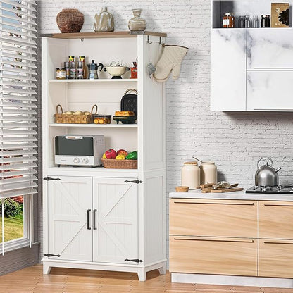 5 Tier Bookshelf 70in Tall Bookcase with Barn Doors and Storage Cabinet, White Farmhouse Book Shelf with Adjustable Shelves, Wood Freestanding Display Bookshelves for Bedroom, Kitchen (2PCS)