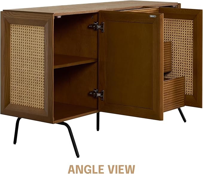 NTC MOSSIC Sideboard with 2 Doors and 3 Drawers, Buffet Cabinet with Natural Rattan and Metal Legs, Modern Storage Cabinet for Living Room, and Hallway, Effortless Assembly - Rustic Oak