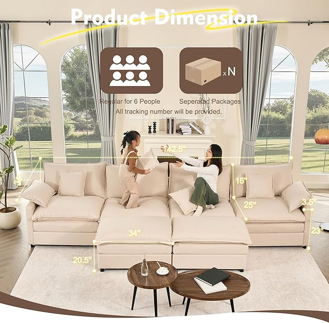142.5" U Shaped Couch, Modular Sectional Sofa, 3-Seater Comfy Cloud Couch with Movable Ottoman, Deep Seat Couches for Living Room, Linen, Beige