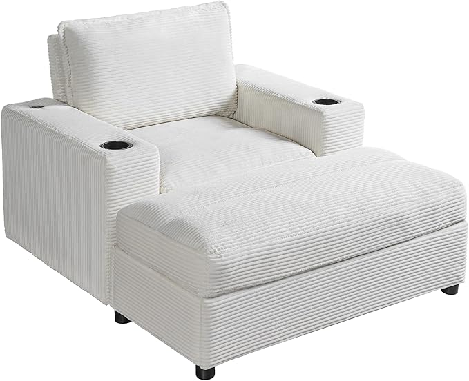 Christopher Knight Home Zoe Oversized Chaise Lounge Chair Indoor with Cup Holders & USB Charging Port, Corduroy Upholstered Sofa Bed + Ottoman with Storage, Comfy Deep Seat Sleeper Sofa Chair, Beige