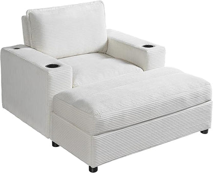 Christopher Knight Home Zoe Oversized Chaise Lounge Chair Indoor with Cup Holders & USB Charging Port, Corduroy Upholstered Sofa Bed + Ottoman with Storage, Comfy Deep Seat Sleeper Sofa Chair, Beige
