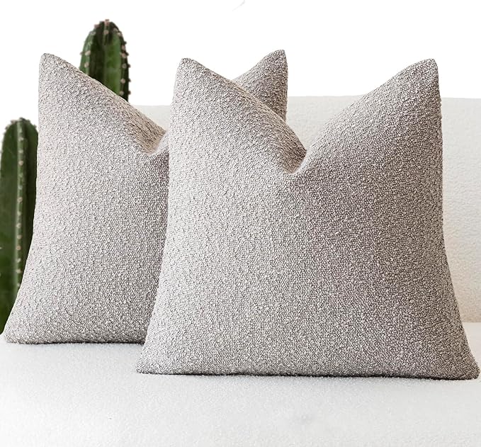 Foindtower Pack of 2 Textured Boucle Throw Pillow Covers Accent Solid Decorative Pillow Cases Cozy Woven Couch Cushion Case for Sofa Bedroom Living Room Home Decor, 20 x 20 Inch,Neutral Grey