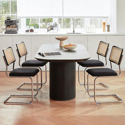 Black Chrome Rattan Dining Chairs Set of 4,Wooden Mid-Century Modern Kitchen Chairs, Mesh Back Cane Dining Room Chair, Cesca Design Chairs with Metal Chrome Legs