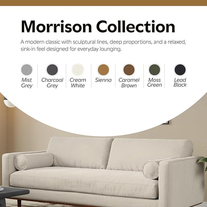 SIMPLIHOME Morrison 89-inch Wide Sofa in Cream White Woven-Blend Fabric, Handcrafted Mid-Century Modern Couch for Living Room or Family Room, Single Bench Cushion, Bolster Pillows