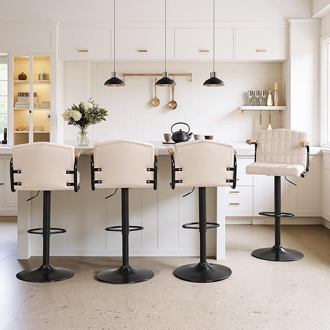 VECELO Bar Stools Set of 4, Adjustable Upholstered Swivel Barstools, Modern Counter Height Bar Stools with Back and Footrest, Island Chairs for Kitchen, Dining Room, Bar