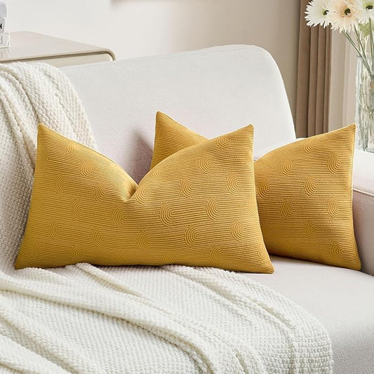 FUTEI Mustard Yellow Chenille Decorative Throw Pillow Covers 12x20 Inch Set of 2,Soft Cozy Striped Geometric Patterns Lumbar Pillow Cases,Modern Home Decor for Couch Bed Living Room