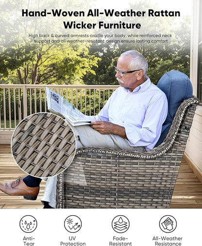 HUMMUH Wicker Patio Furniture Set with Patio Swivel Chairs Set of 4 and 50,000 BTU Fire Pit Table,6 Inch Thick Cushions High Back Outdoor Swivel Rocker Chairs Set for Porch, Balcony, Deck