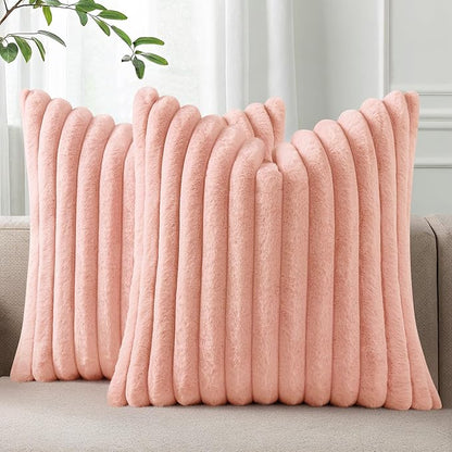 Pallene Faux Fur Plush Throw Pillow Covers 22x22 Set of 2, Luxury Soft Fluffy Striped Decorative Pillow Covers for Sofa, Couch, Living Room, Pink