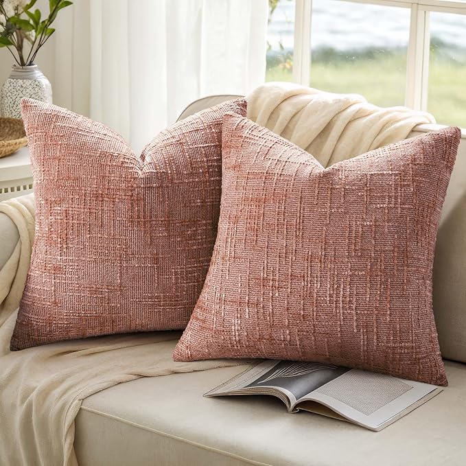 decorUhome Pink Chenille Throw Pillow Covers 22x22 Set of 2 Thick Textured Slubby Couch Pillow Covers Farmhouse Accent Modern Neutral Decorative Pillow Cases for Bed Sofa Living Room