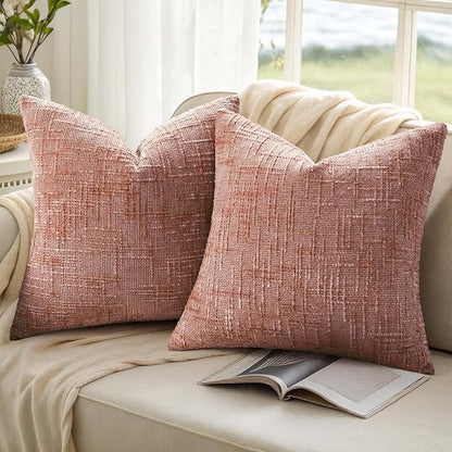 decorUhome Pink Chenille Throw Pillow Covers 24x24 Set of 2 Thick Textured Slubby Couch Pillow Covers Farmhouse Accent Modern Neutral Decorative Pillow Cases for Bed Sofa Living Room