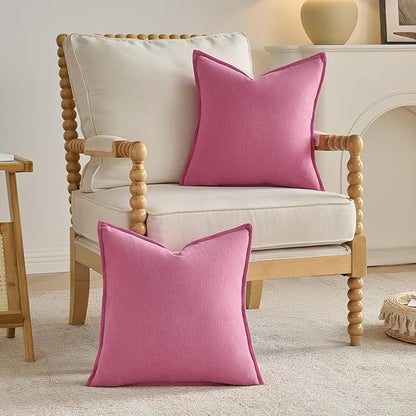 FUTEI Hot Pink Chenille Throw Pillow Covers 16x16 Inch Set of 2,Edges Double-Stitched Cushion Cases,Modern Home Decor for Couch Living Room