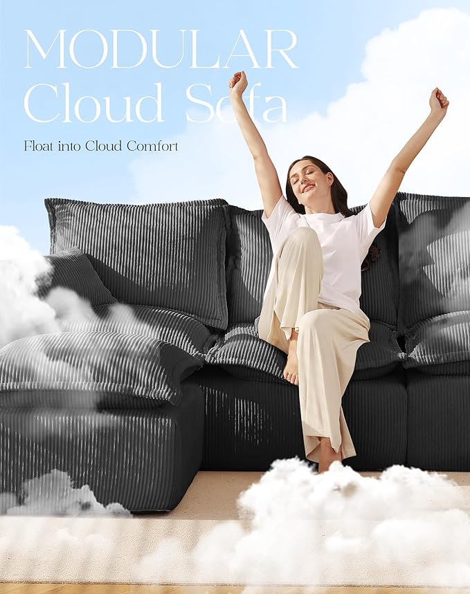 107" Comfy Cloud Couch with L-Shape Chaise & Deep Seat, Modular Sectional Sofa in a Box, Boneless Upholstered Couches for Living Room, No Assembly Required (Soft Corduroy, Gray)