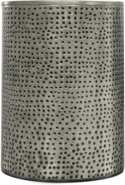 SIMPLIHOME Corbin 16 inch Wide Metal Side Table in Hammered Antique Silver, Round Drum Design End Table for Living Room, Family Room, or Entryway, Industrial Style, Assembled