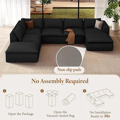 Vesgantti 204.7" Oversized Sectional Boneless Couch, Modern 9 Seater Modular Sofa with Chaise, Deep Seat Convertible Plush Corduroy Cloud Couches for Living Room, No Assembly Required, Black