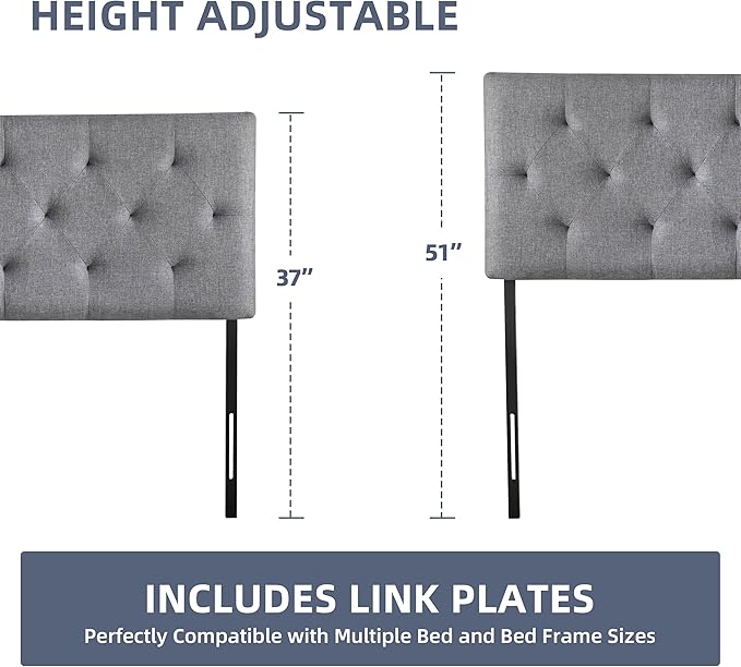 Linen Upholstered Headboard Queen Size, Modern Diamond Tufting Solid Wood Queen Headboard Only, Adjustable Height from 37” to 51” Head Board, Bed Frame or Wall Mount Headboards, Light Grey