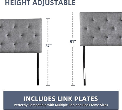 Linen Upholstered Headboard Queen Size, Modern Diamond Tufting Solid Wood Queen Headboard Only, Adjustable Height from 37” to 51” Head Board, Bed Frame or Wall Mount Headboards, Light Grey