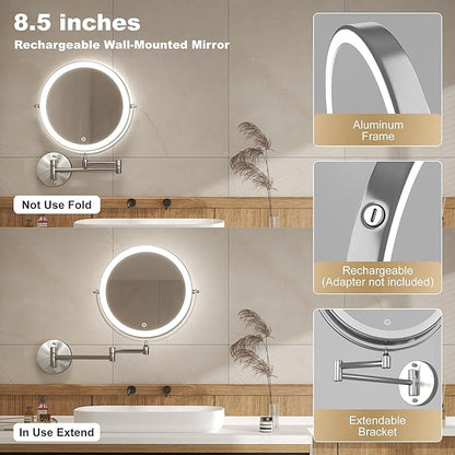 Hasipu 8.5-Inch Wall Mounted Makeup Mirror with Magnification, Rechargeable 2000 mAh Vanity Mirror with Lights, Bathroom Mirror with Dimmable Brightness, 3 Lighting Modes, Extendable Arm, Nickel