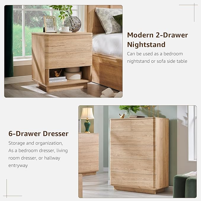 ACCOHOHO Modern Bedroom Set, 3 Pieces Bedroom Furniture Set, Wood 6 Drawer Dresser and Nightstands Set of 2, Chest of Drawers Wide Storage Organizer Cabinet for Bedroom,Natural Oak