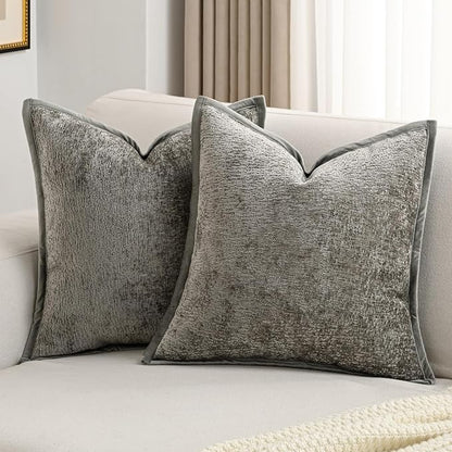 FUTEI Grey Chenille Throw Pillow Covers 20x20 Inch Set of 2,Soft Cozy Bound Edge Design Cushion Case,Home Decor for Couch Bed Living Room