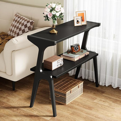 Tribesigns Set of 2 Solid Wood Side Table, 2-Tier Modern Slim Couch Side Table with Storage Shelf, Sofa End Table with Deer-Shaped Legs for Living Room, Skinny Bedside Nightstand for Bedroom, Black